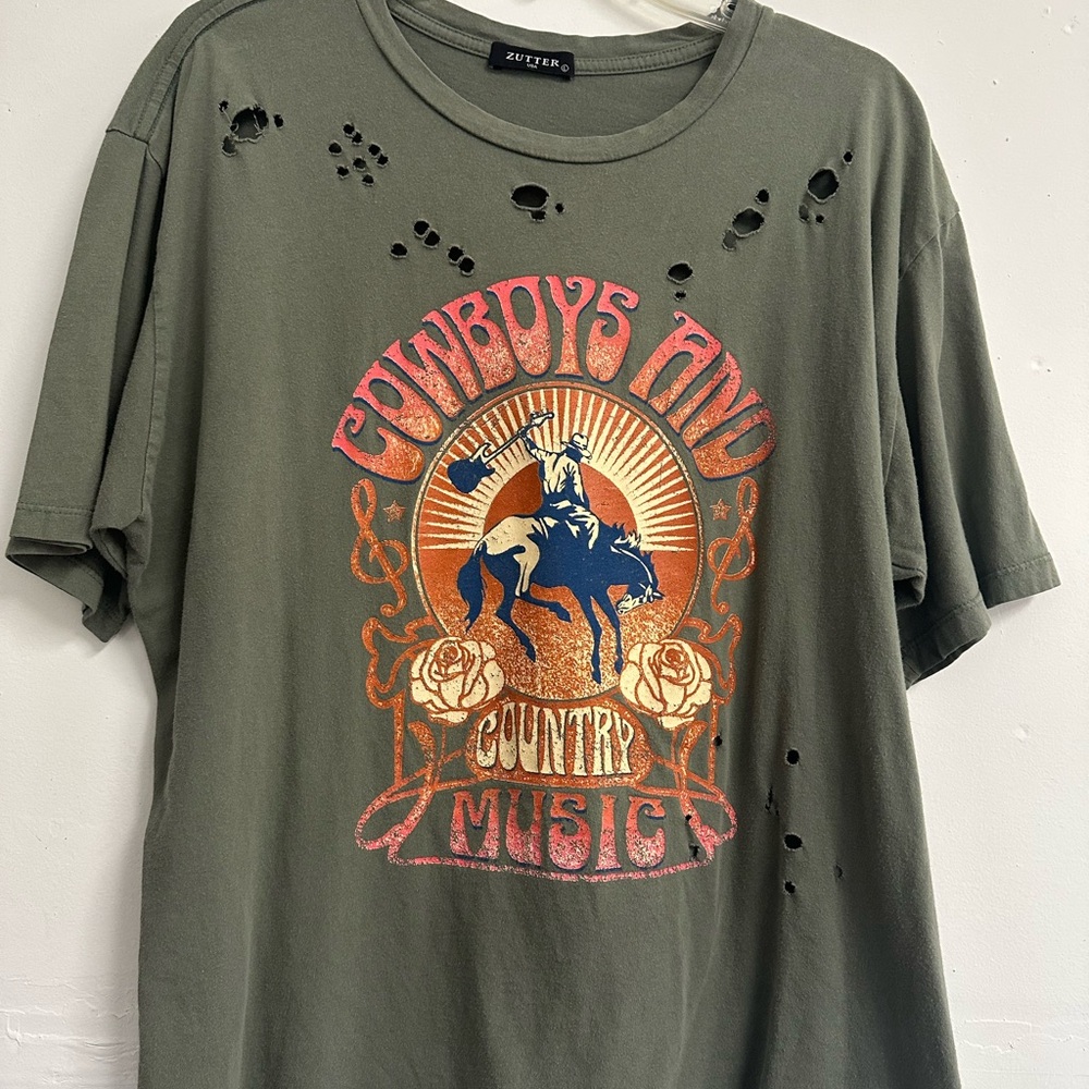 Zutter Olive Green Distressed Cowboy Graphic Tee